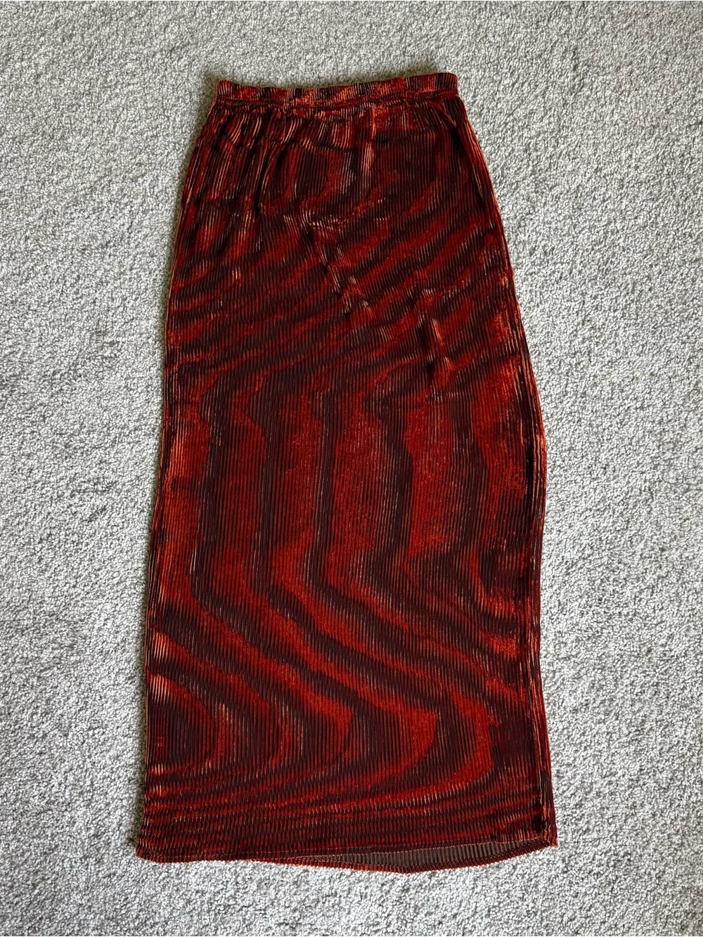 Ronny Kobo Burnt Orange Crushed Velvet Pleated Midi Skirt